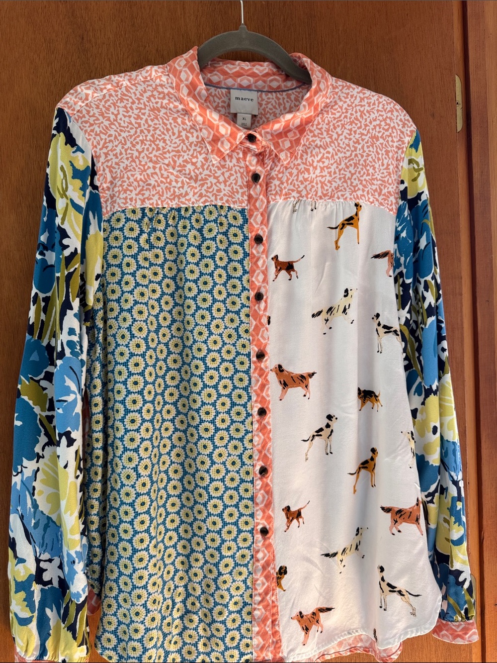 Anthropologie Maeve Paz Dog Floral Mixed Print Shirt XL